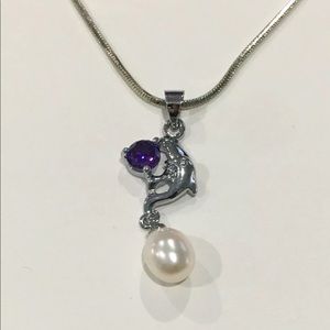 Silver Twin Dolphins CZ Purple Stone and Pearl